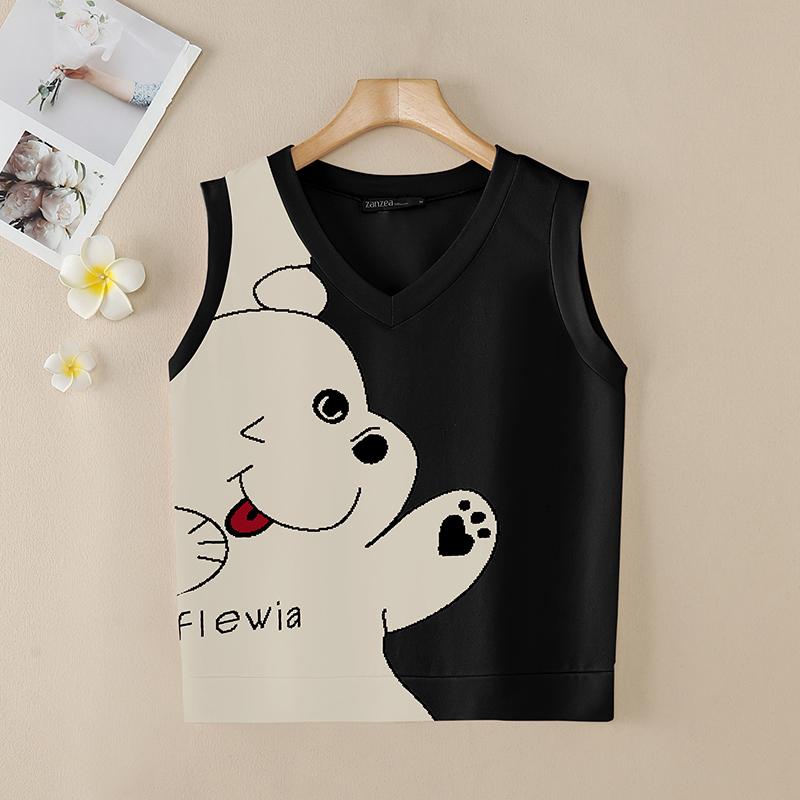 

ZANZEA Женские повседневные майки без рукавов с V-образным вырезом и принтом XL чёрный