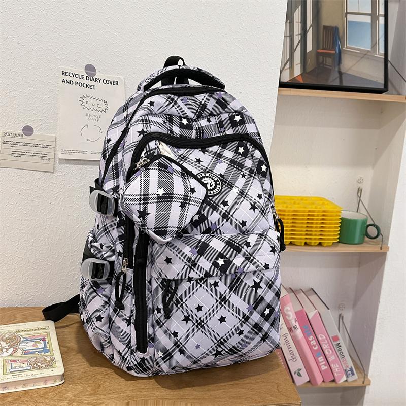 Large Capacity Plaid Backpack Women's Star Printed Student School Bag with Coin Purse