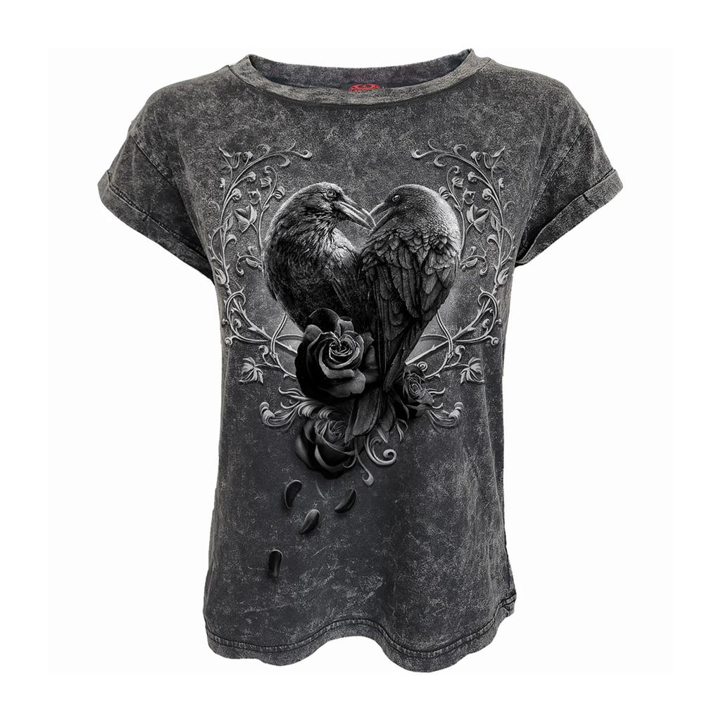 Spiral Direct Womens/Ladies Raven Heart Acid Wash Short-Sleeved T-Shirt