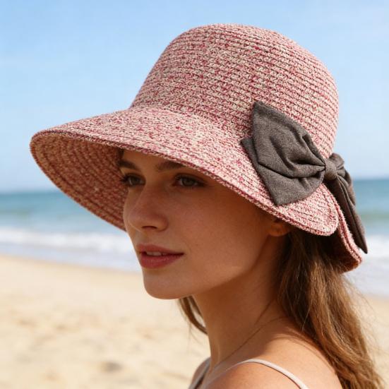 Straw Hat Bowknot Decor Wide Brim Foldable Summer Hat Sun Protection Lightweight Outdoor Travel Sun Hat Sunshade Accessory