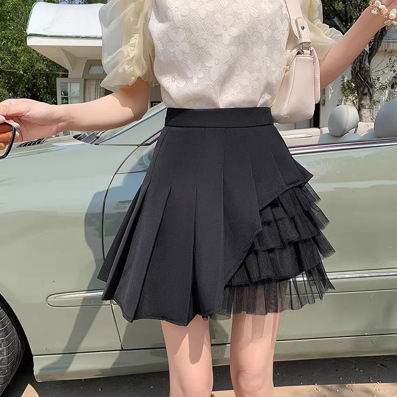 

Summer 2024 Women s White & Black Irregular Mesh Patchwork Pleated A-line Mini Skirt L