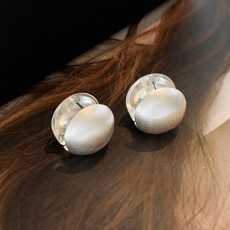 Women s Brushed Ball Shape Special-Interest Design Metal Earrings Silver