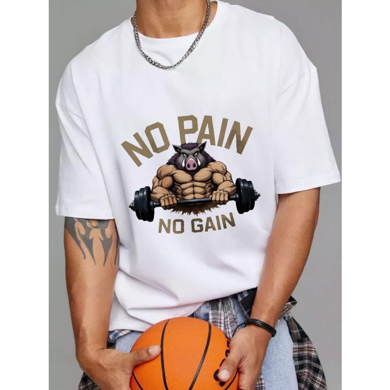 No Pain No Gain Muscle Boar T Shirt White Gym Workout Fitness Motivational Graphic Tee Men's Casual Sport Wear
