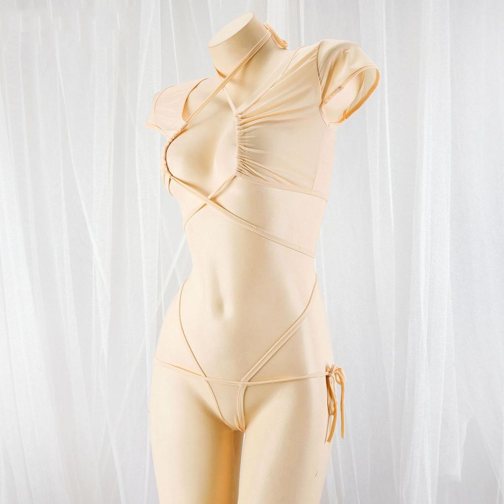 Women Lolita Girls Cosplay Halter Bandage Hollow Out Pajamas Ice Silk Backless Jumpsuit Sexy Anime Lingerie Set