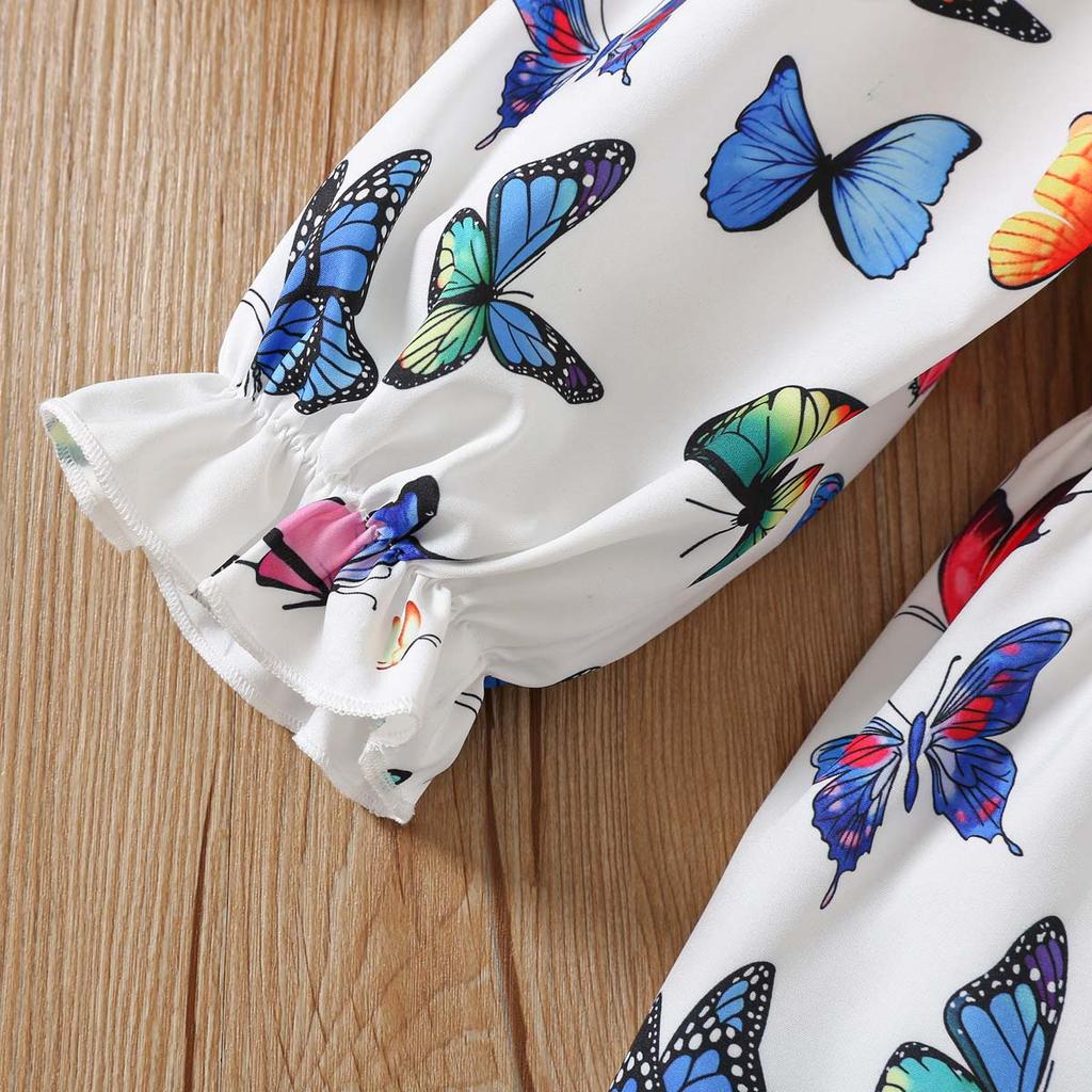 Mädchenkleid Sommer Schmetterlingsdruck A-Linien-Kleid für Kinder Mode Süßes Mädchenkleid Schmetterlingsdruck Langarm Gummizug in der Taille