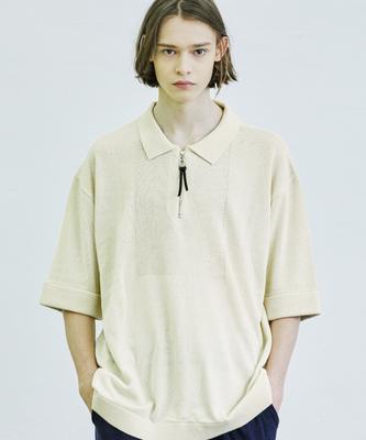SSY Square Chest Zipper-Up Polo Short Sleeve Knit Cream