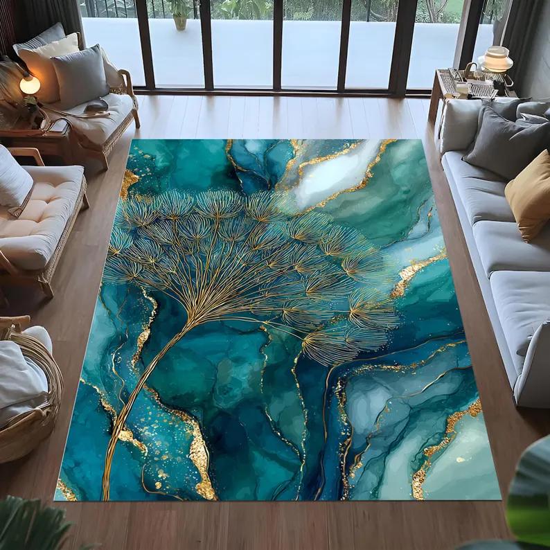 Marble Pattern RugTeal Gold Abstract Rug Modern Art Luxury Living Room Rug Blue Green Design Elegant Decorative Living Room Rug