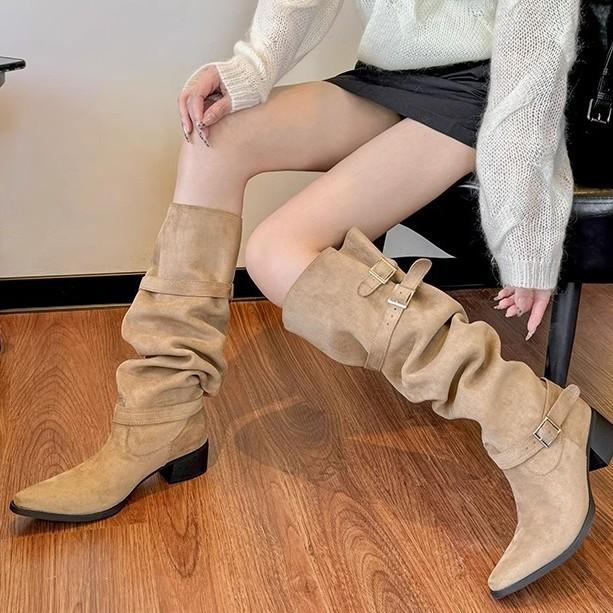 Super Fire Boots Pants Pants Boots Women's 2025 Spring New Pointed Thick Heels But Knee Pile Boots Big Tube Wai Knight Boots