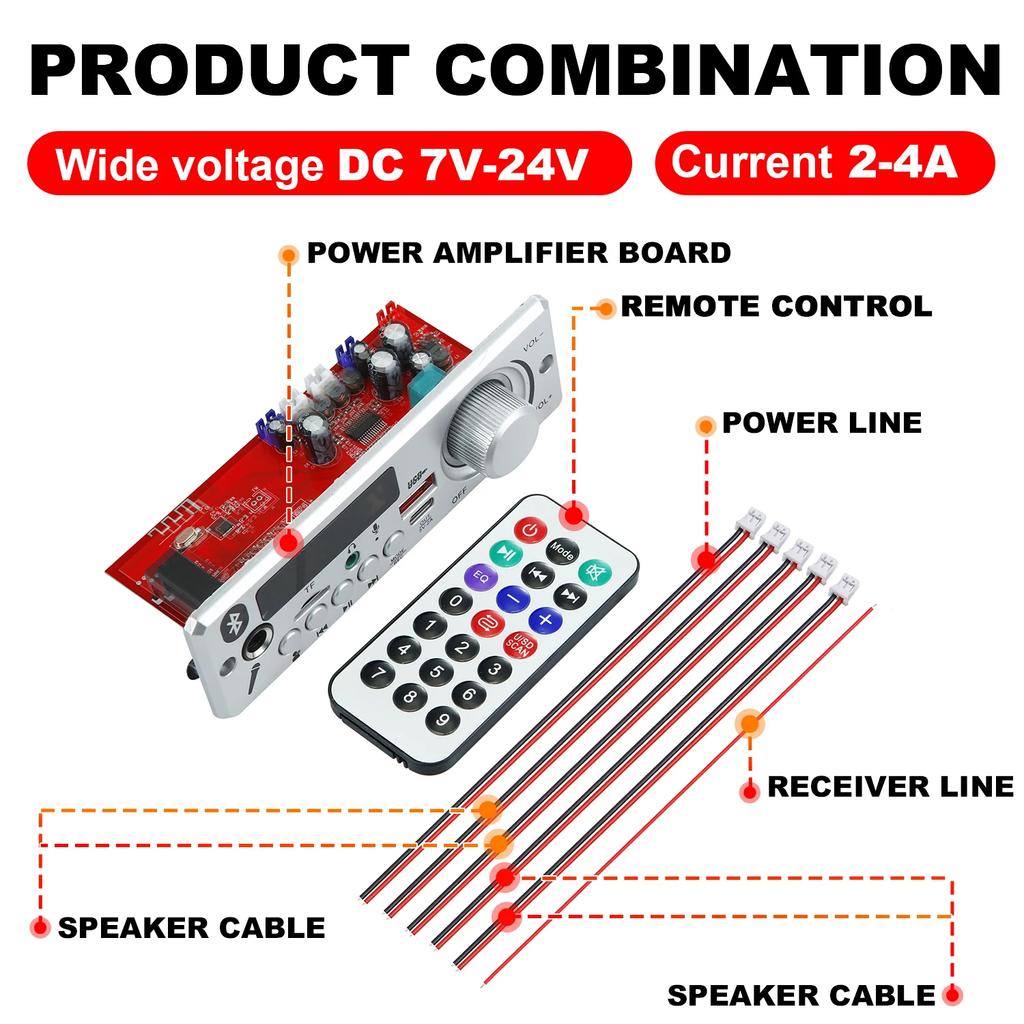 12V-24V 80W Amplifier Bluetooth MP3 WMA APE Decoder Board Handsfree Car Audio Microphone USB TF FM Radio DIY Mp3 Music Player