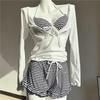 New striped bikini three-piece women's gathering split swimsuit long-sleeved blouse swimsuit sexy hot spring