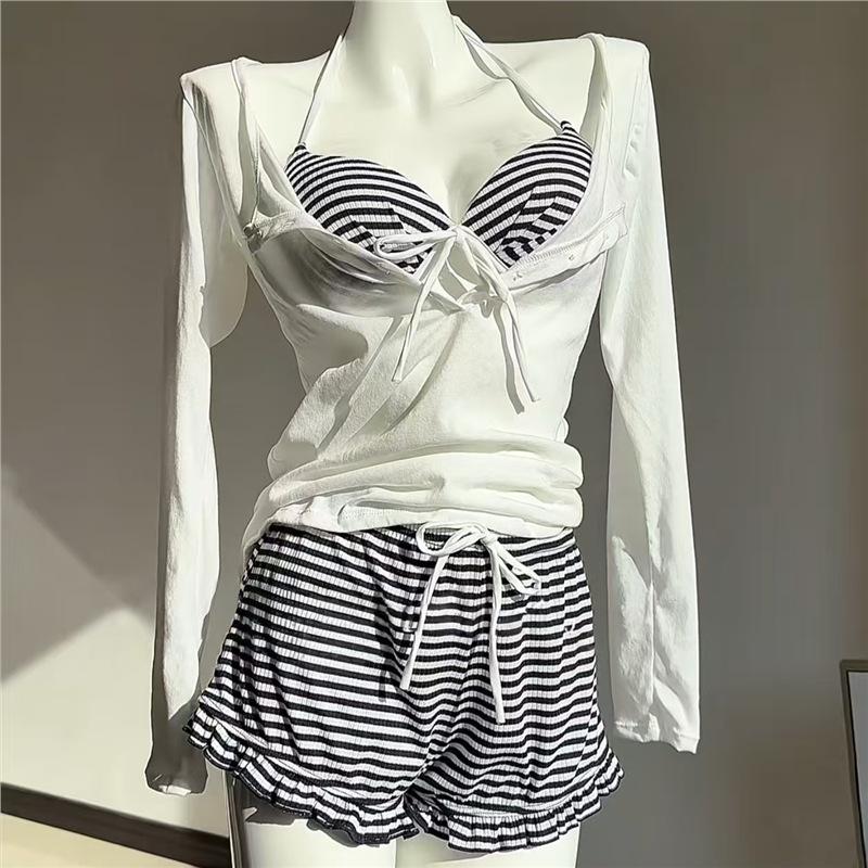New striped bikini three-piece women's gathering split swimsuit long-sleeved blouse swimsuit sexy hot spring