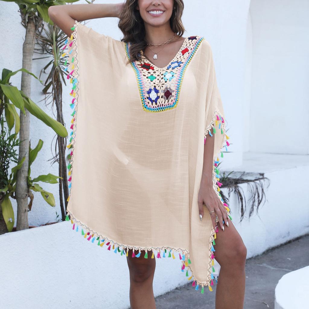 Women's Vacation Sunscreen Hand Crocheted Floral Patchwork Split V-Neck Blouse