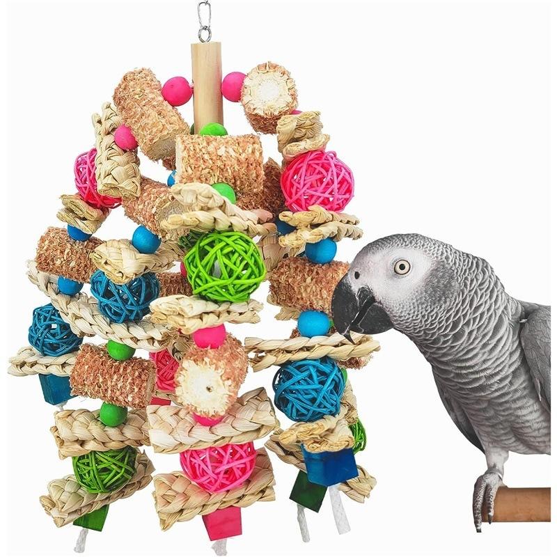 Parrot Toy Large Bite Parrot Bite Toy Vine Ball Bird Toy Colorful Wood Blocks Corn Crust Corn Cob Vine Ball
