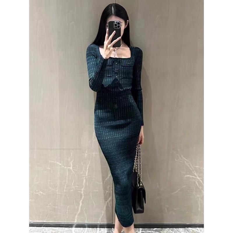 

Ретро платье женское осеннее новое темпераментное высококлассное облегающее вязаное платье S зелёный