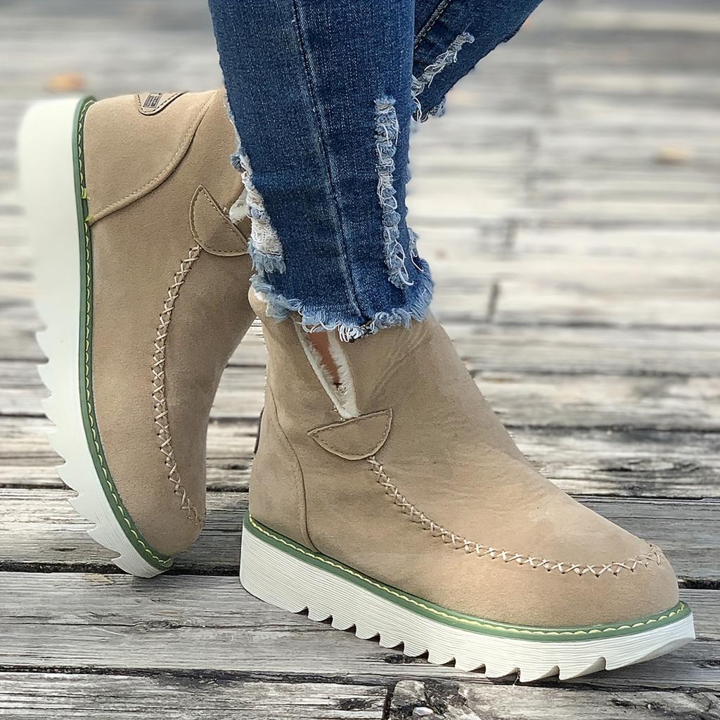 Women's Plush Lined Snow Boots, Round Toe Slip On Flat Short Boots, Winter Warm Outdoor Ankle Boots