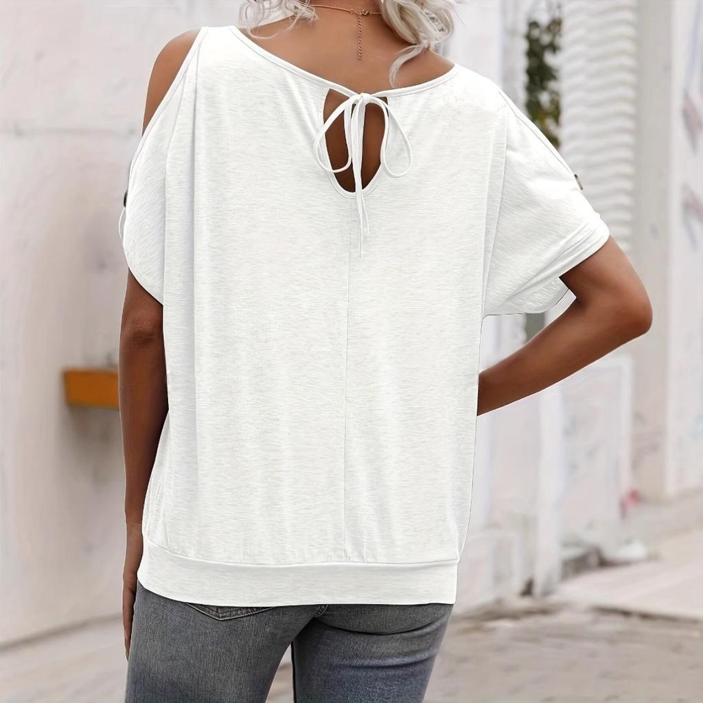 Summer Hollow Out Shoulder T-shirt, Elegant Casual Minimalist Design Versatile Tops For Women, European American Style Leisure Outer Wear Tee