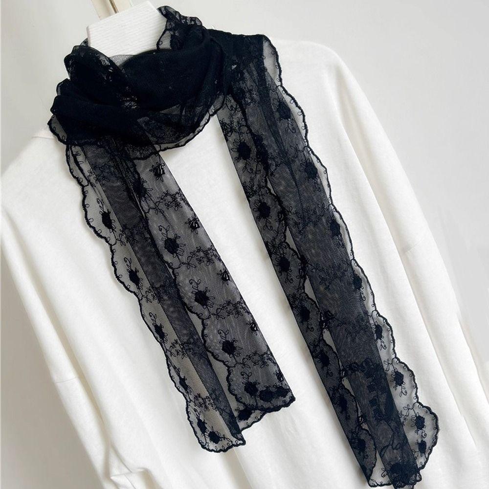 Retro Embroidered Flower Lace Scarf Breathable Mesh Lightweight Female Headscarf Long Sunscreen Shawl Women