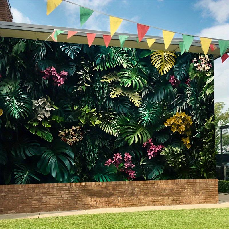 1 Vivid Tropical Plant Wall Background: Lush Green Leaves and Colorful Flower Banners