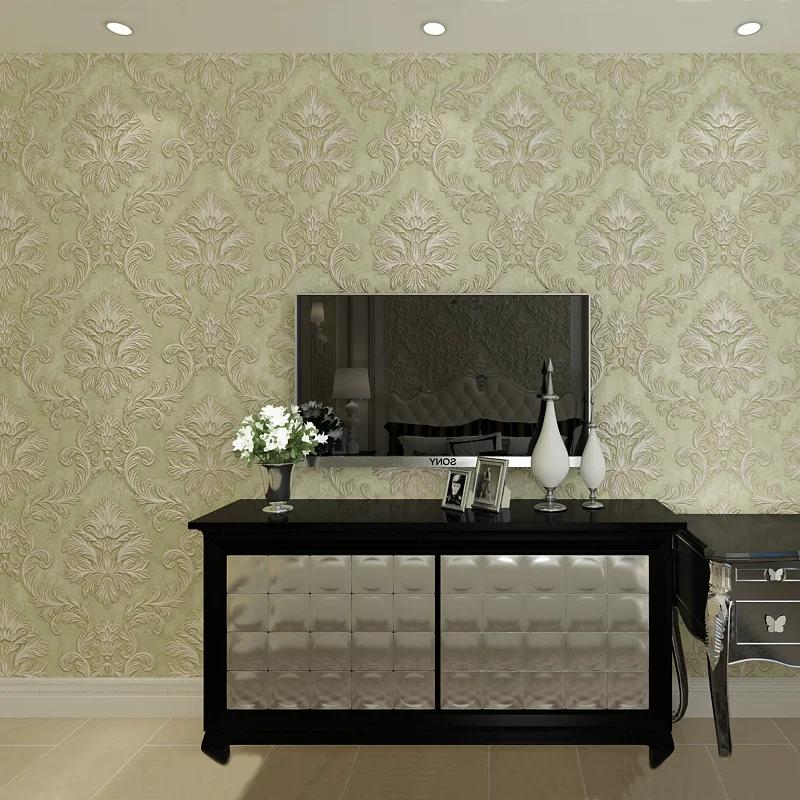 Evropský styl 3D stereo damaškový flokovaný netkaný tapetový role pro ložnici, obývací pokoj, moderní jednoduchá dekorace, tapetová role