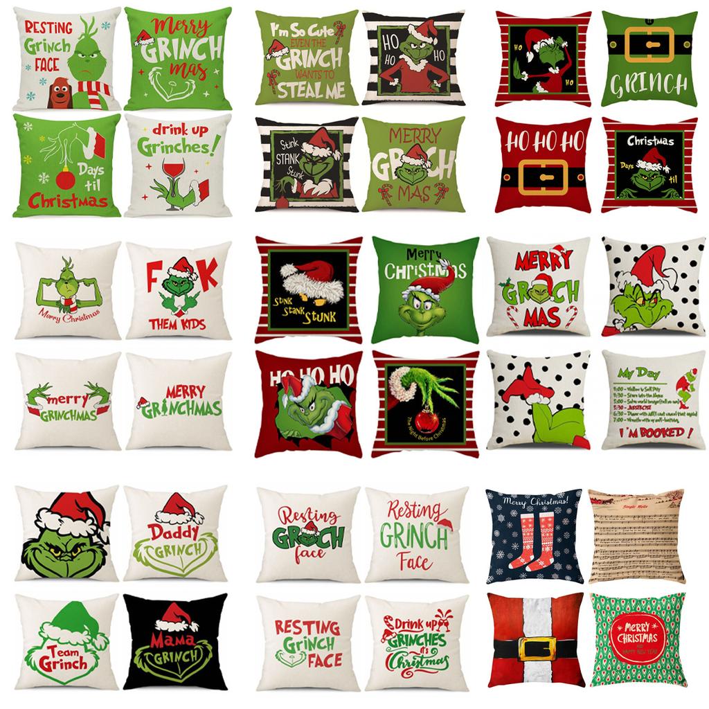 New Funny Designs and Popular Christmas Green Haired Weird Grinch Linen Pillowcase Living Room Bedroom Backrest Cover