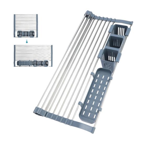Roll up Dish Drying Rack Stainless Steel Collapsible Multipurpose Dish Drainer with 2 Storage Baskets for Kitchen Sink Cutlery Vegetables Fruit светло-серый