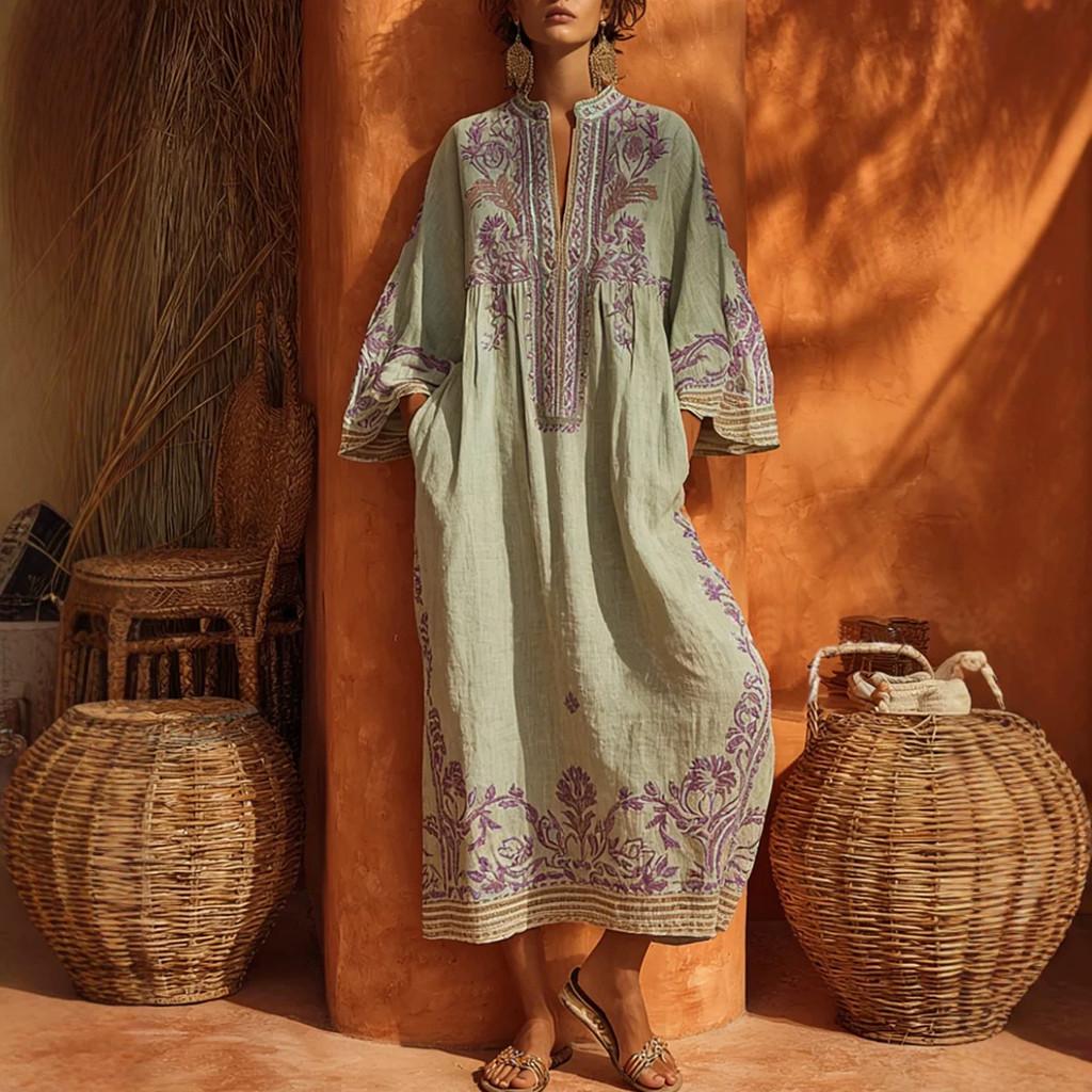 Abito Lungo Bohemian Stampato in Cotone e Lino con Tasche per Uso Casual Estivo