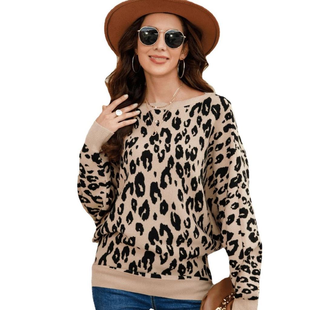 2022 Popular Women's One-Neck Heavy Industry Leopard Print Jacquard Fattened Batman Pullover Sweater