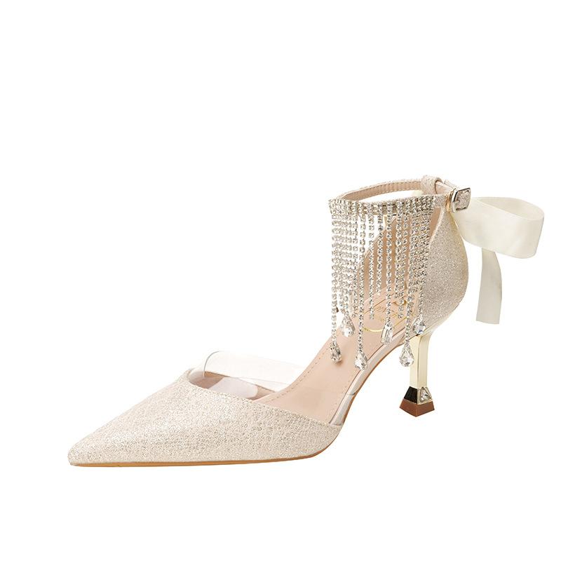 Quasten Strass feiner Glitzer High Heels Damen Sommer Ein-Wort Schnallenriemen sexy dünne Absatz Sandalen keine müden Füße einzelne Schuhe