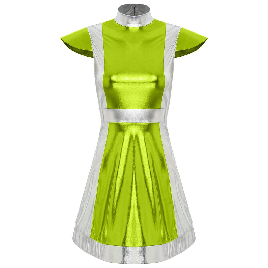 Womens Space Fighter Costume Mock Neck Cap Sleeve Metallic Shiny Contrast Dress Alien Dressup
