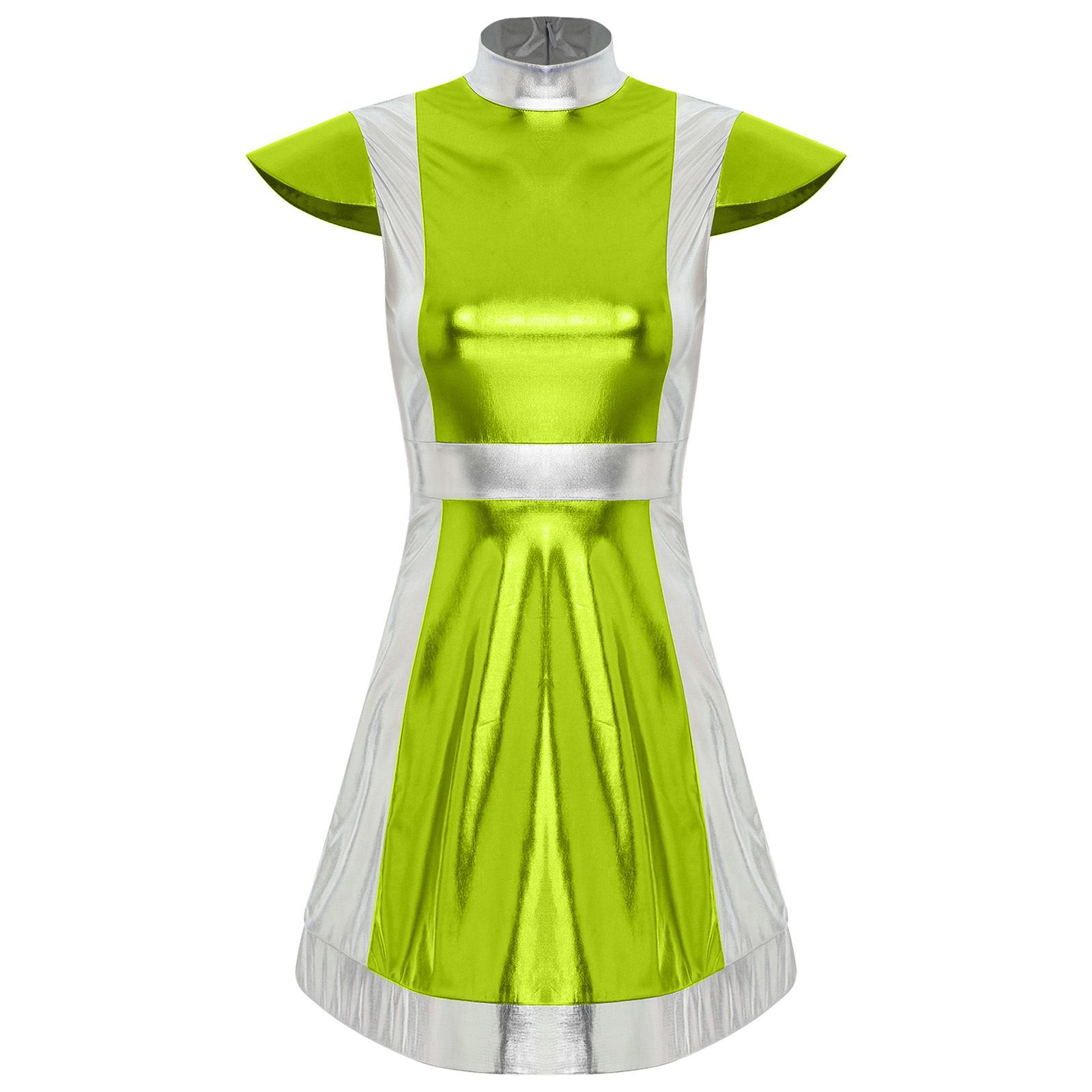 

Жіночий костюм космічного винищувача з коміром-стійкою, рукавами-крильцями, металевою блискучою контрастною сукнею, костюм інопланетянки зелений