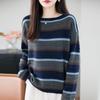 Women's Retro Striped Wool Base Layer Sweater - Loose Fit, Round Neck Knit with Long Sleeves