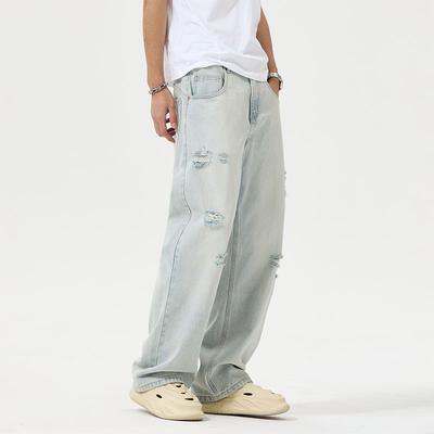 New Spring Style Men's Trousers Solid Texture High Street Loose Wide-leg Straight Jeans