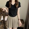 Women Solid V Neck Short Sleeve Curved Hem Slim Fit Cropped Casual Basic Tee Shirt