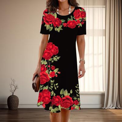Damenmode Anmutig Schön Rosenmuster Sommer Frühling Kurzarm O-Ausschnitt Freizeitkleider