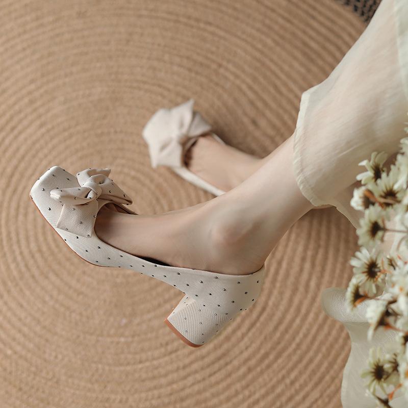Original design silk diamond bow square head high heels women's thick heel single shoes burgundy spring and autumn