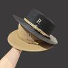 Straw Hat Women's Summer Vacation Seaside Rhinestone Letter R Belt Personalized British Retro Flat-top Sunshade Hat