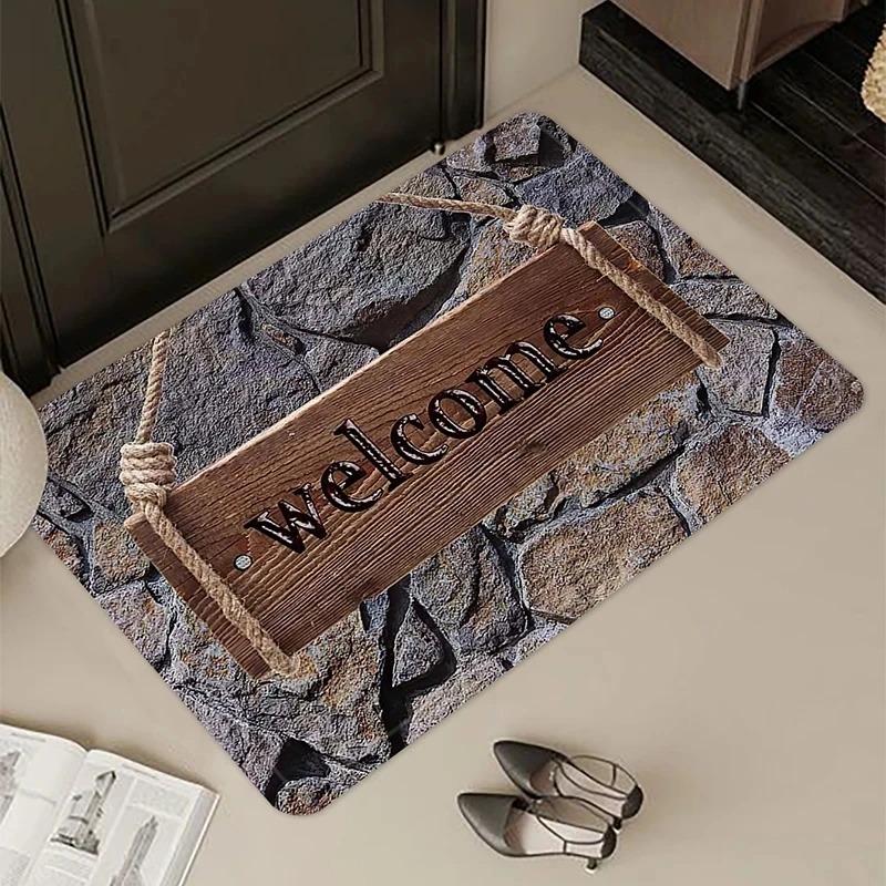 Vintage Welcome Patterned Area Rug Artistic Stone Wood Print Carpet Soft Non Slip Floor Mat For Entryway Doorway Home Decor