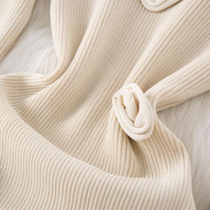 Autumn Winter Women Elegant V-neck 3D Flower Knitted Sweater Long Midi A-line Dresses