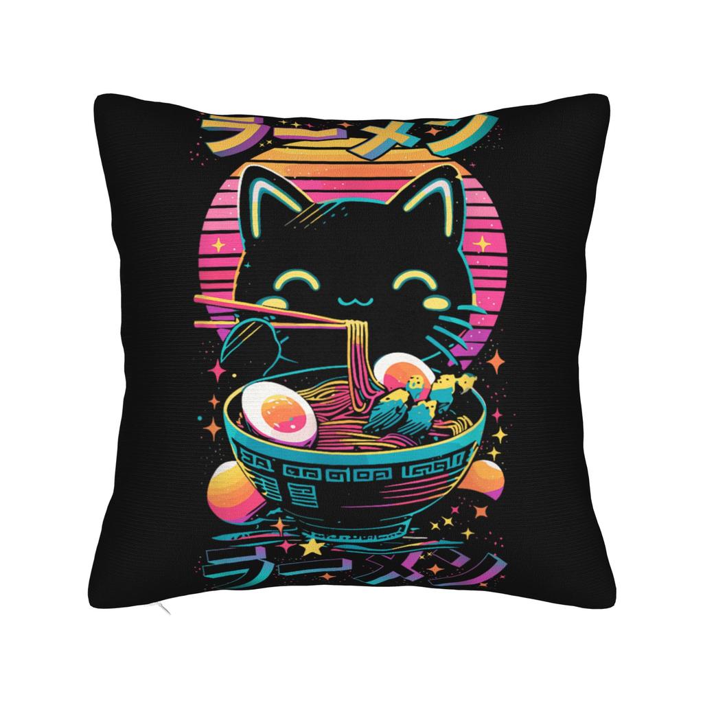 Funny Black Fat Cat Eating Ramen Pillowcases Kawaii Pillow Case For Sofa Couch Bed Living Room Design Pillow Cover