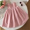 Summer Pink Sweet and Cute Round Neck Sleeveless Vest Dress with Bow Decoration for Girls Aged 3-7 Daily Wear