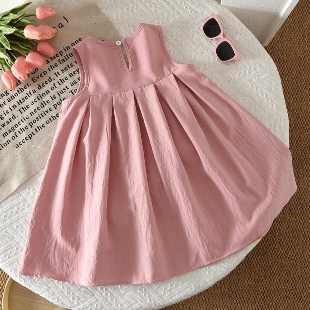 Summer Pink Sweet and Cute Round Neck Sleeveless Vest Dress with Bow Decoration for Girls Aged 3-7 Daily Wear