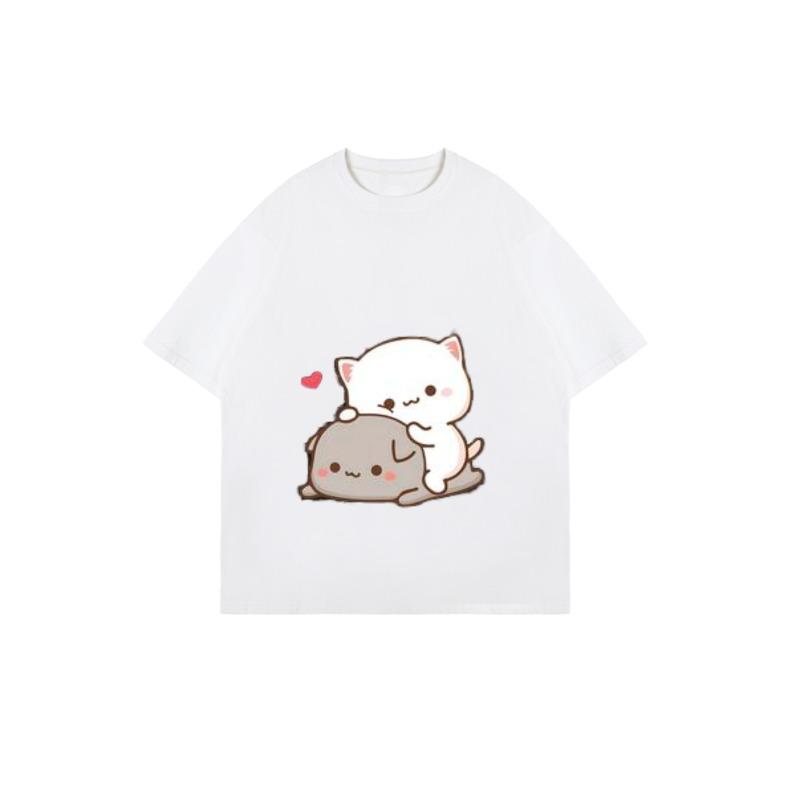 Women's Short-Sleeve T-Shirt with Cute Cartoon Cat & Gray Pet Heart Print