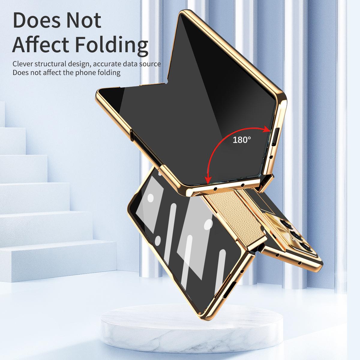 

For Samsung Galaxy Z Fold7 5G Case Kickstand Leather+PC Phone Cover with Tempered Glass Film/Stylus Gold+White