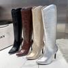 Moda Sexy Prateado Mulheres Botas Altas até o Joelho Moda Bico Fino Botins Longos Designer Salto Alto Fino Sapatos de Stripper Botas Mujer