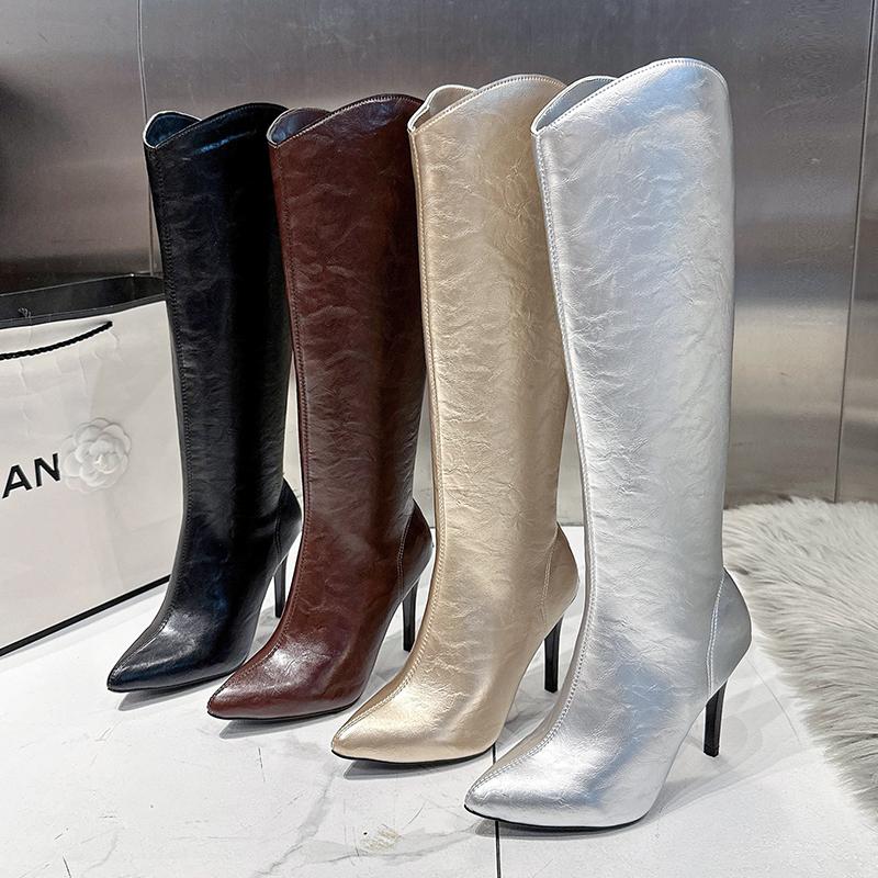 мода Сексуальные серебристые женские сапоги до колена Модные заостренные носки Длинные — фото 6