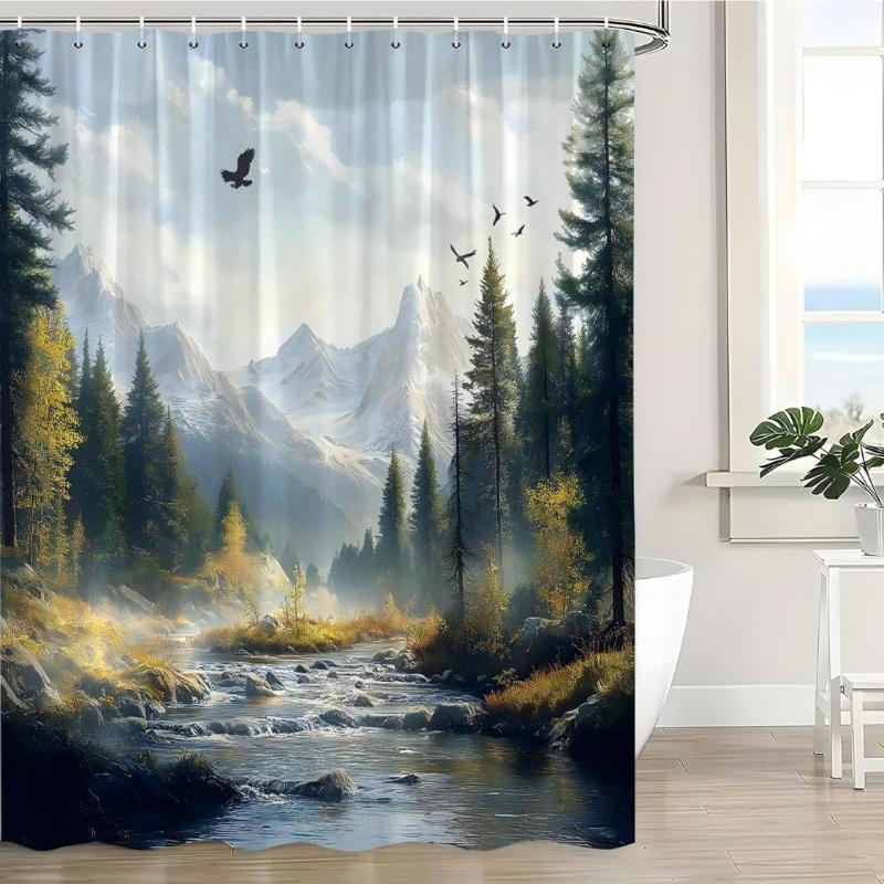 Eagle Forest Shower Curtain Spring Mountain River Tree Nature Scenery Landscape Wild Animal Jungle Wildlife Rustic Farmhouse 90x180CM