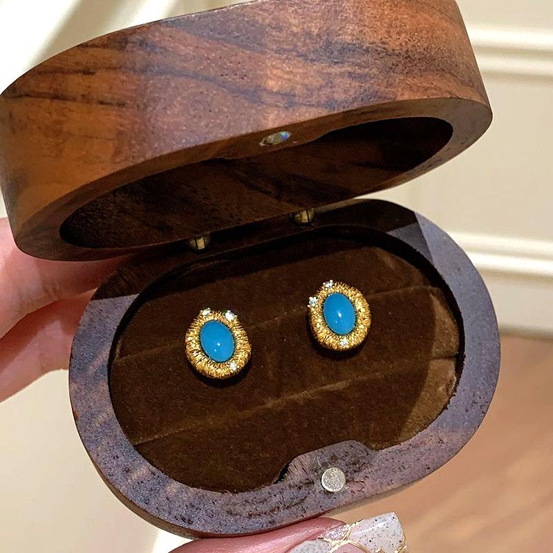 Древние золотые винтажные серьги-гвоздики с бирюзой и бриллиантами для женщин - Легкая роскошь, универсальные