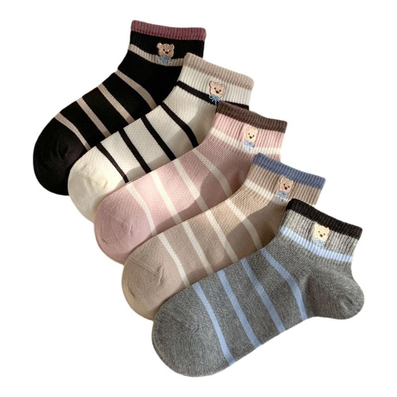 Women's Color-blocking Striped Short Boat Socks Spring and Summer Mesh Breathable Bear Boneless Cotton Socks Women's Short Socks