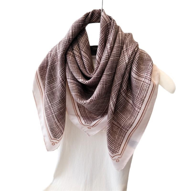 British retro plaid imitation silk large square scarf printed commuter shawl neck silk scarf herringbone women's scarf headscarf