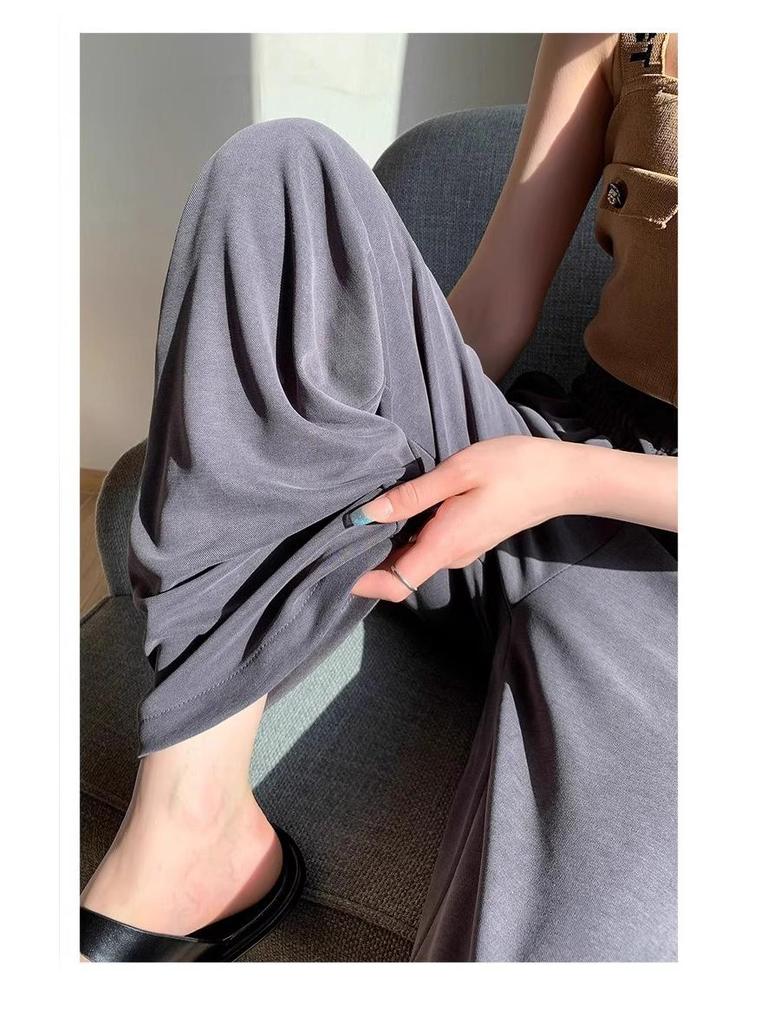 Damen Graue Hochtaillierte Cupro Sommerhose mit Weitem Bein - Petite, Leicht, Gerades Bein (145-150cm)